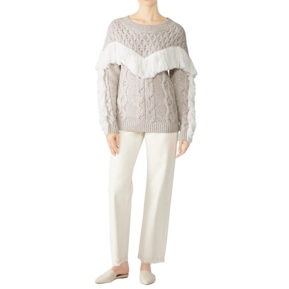 Amur Ulla Fringe Beige Cable Knit Merino Wool Round Neck Womens Size S Pullover - Picture 1 of 16